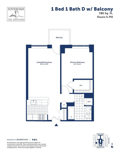Floor plan for 1 bed, 1 bath, 780 sqft